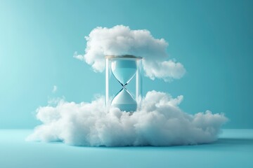 Naklejka premium Hourglass Surrounded by Clouds Against a Light Blue Background for Conceptual Imagery