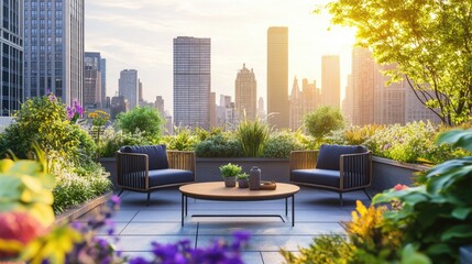 Fototapeta premium Urban rooftop garden with stylish furniture, surrounded by vibrant plants and skyscrapers in the background.