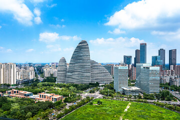 A panoramic view of the characteristic building clusters in the modern city of Wangjing, Beijing,...