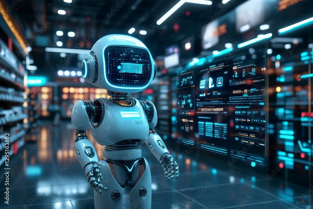 Poster futuristic robot with digital interface in a high-tech store environment