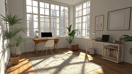 A bright and airy dining area with a home office setup in the corner.