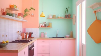 A bright and airy kitchen with soft pastel colors and wooden countertops.