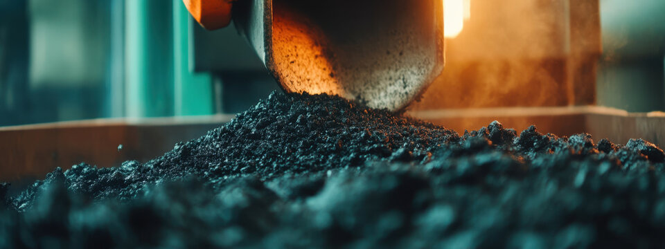 Black biochar material being processed from pyrolysis machine, showcasing texture and details of product. scene captures industrial process and transformation of organic matter