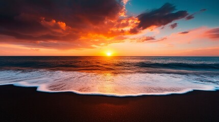 Fototapeta premium Serene Sunset Over Tranquil Ocean Waves at Beach with Colorful Sky and Clouds