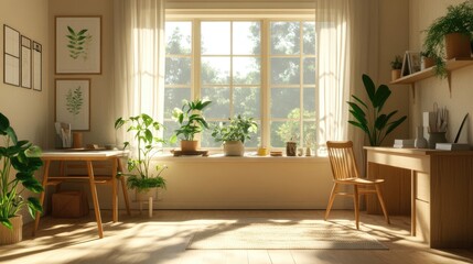 A bright, functional dining room with a mix of decor, food, and work materials.