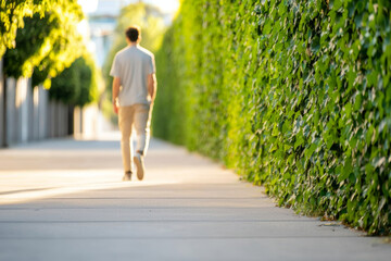 Obraz premium Cityscape in golden hour. man walks along serene alleyway lined with lush greenery