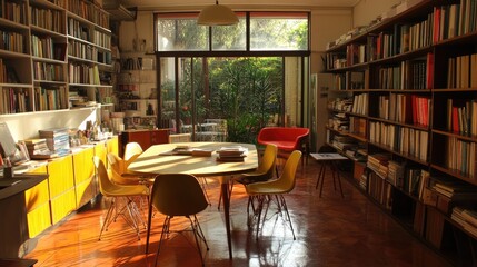 A bright, open dining space with a neatly arranged study session.