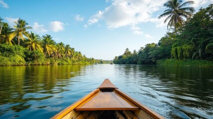 Tropical river journey in a wooden boat