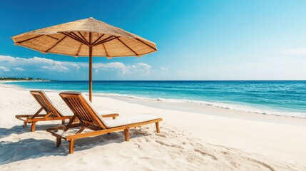 Two lounge chairs sit on the sandy beach, sheltered beneath a vibrant umbrella, inviting relaxation and enjoyment of the sun and sea.