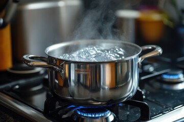 Boiling water splashing in a stainless steel pot on a stove in a kitchen
