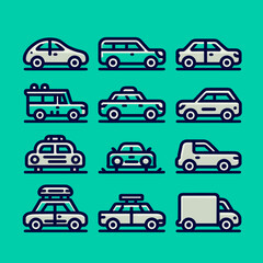 Naklejka premium Collection of whimsical car icons in a flat design style suitable for transportation, automotive, or travel related design projects and applications