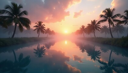 Fototapeta premium Misty dawn, still lagoon mirrors sunrise, palms frame view , morning, dawn, tranquil