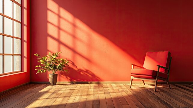 A bold red accent wall with rich wooden flooring, illuminated by dramatic light and shadows.