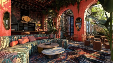 A chic, artistic lounge with a statement couch and a well-arranged coffee table.