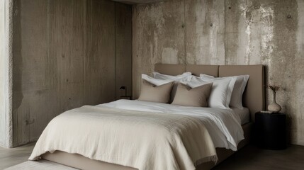 A chic bedroom setup with a soft bed, stylish pillows, and natural textures.