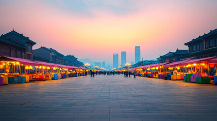 Fototapeta premium Cityscape in golden hour. vibrant pedestrian boulevard at golden hour with colorful market stalls