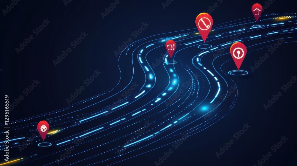 Poster abstract digital map with navigation points and curved paths