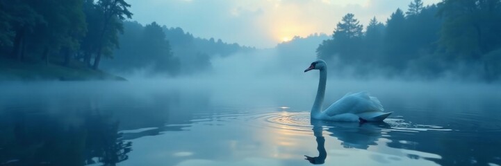 Fototapeta premium Solitary swan on a mysterious blue misty lake at dawn, blue, stock, white