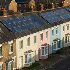 A Row of UK Terraced Houses with Solar Panels on Rooftops – Energy-Efficient and Sustainable Living Concept – Perfect for Renewable Energy, Eco-Friendly Housing, and Green Technology
