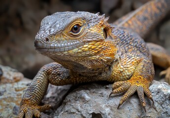 Fototapeta premium Detailed Close-up of a Colorful Lizard Resting on a Rock in Natural Habitat Capturing its Unique Textures and Vibrant Colors