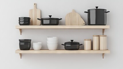 A compact kitchen with open wooden shelves and neatly organized cookware.