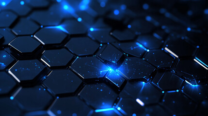 Obraz premium Abstract blue hexagon technology background digital network design dark data grid shiny lines light