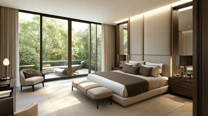 Fototapeta premium A contemporary bedroom with an upholstered bed, modern furnishings, and warm decor.