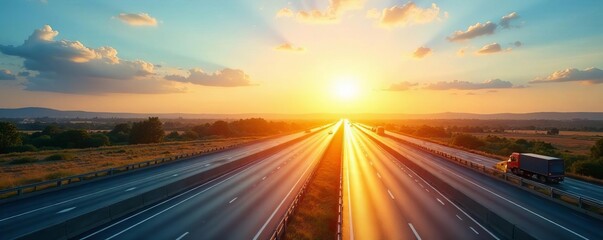 Bright sun shines on new highway construction , orange, site