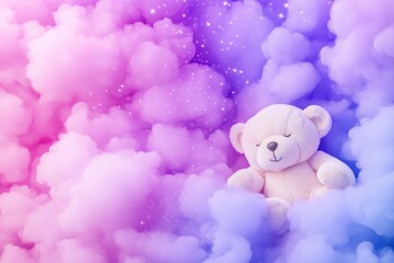 Fototapeta premium Fantasy Glowing Teddy Bear Sleeping Among Floating Stars and Dreamy Pastel Clouds