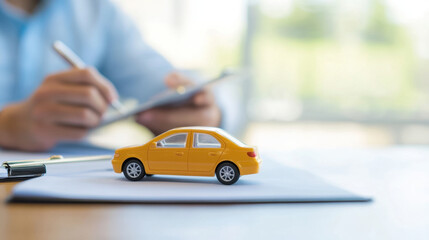 person is reviewing documents related to car insurance with yellow toy car on table, symbolizing coverage and protection