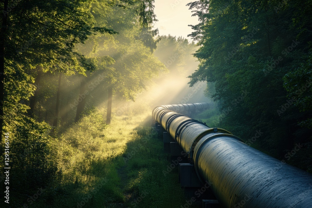 Aufkleber gas pipelines running through a lush green forest in early morning light. generative ai