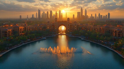 Fototapeta premium Sunset city skyline, resort fountain, Dubai