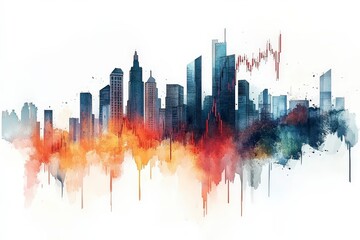 Fototapeta premium Urban Skyline with Abstract Colorful Waves Illustrating Financial Growth Concepts