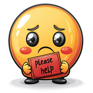 Chibi emoji with small frown holding please help sign