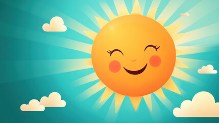 Fototapeta premium Happy sun character with smiling face and rays, surrounded by clouds