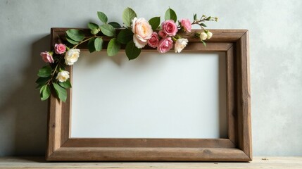 Rustic Wooden Frame Adorned with Delicate Pink and White Roses and Lush Green Foliage, Perfect for Displaying Your Favorite Photograph or Artwork