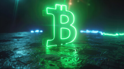 Glowing green Bitcoin symbol representing abundance and financial prosperity in a futuristic setting