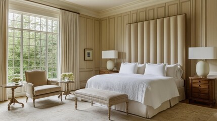 A cozy bedroom with neutral tones, soft bedding, and a stylish upholstered headboard.