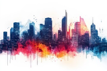 Abstract City Skyline with Vivid Colors and Digital Elements Illustrating Growth