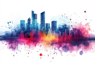 Obraz premium Vibrant Urban Skyline with Colorful Sound Waves in Abstract Artistic Style