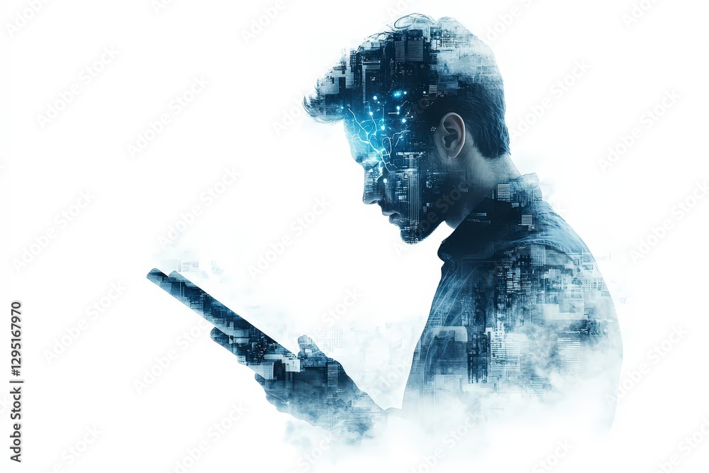 Poster man in profile using tablet with digital abstract cityscape and neural network design