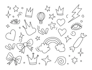 Doodle Element Vector Set Hand-Drawn Sketch of Crown, Heart, Lightning, Star, Bow, Lightbulb, Arrow, Swirl, Rainbow, Speech Bubble, and Abstract Artistic Elements.