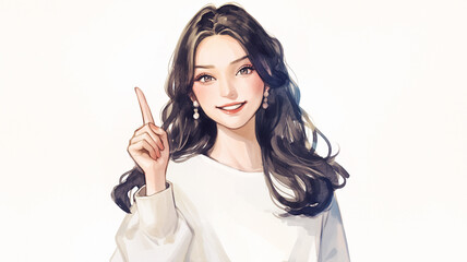 Obraz premium 黒髪ロングの女性イラスト｜可愛い笑顔と指差しジェスチャー