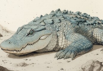Obraz premium Detailed Illustration of a Realistic Alligator Emphasizing Scales, Textures, and Features in Natural Habitat Setting