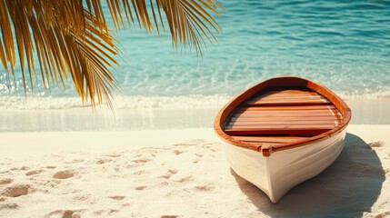 Obraz premium A boat rests on the sand beside the water, creating a serene coastal scene that captures the essence of beach life and maritime tranquility.