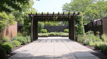 Fototapeta premium A garden with a trellis and climbing vines adding to the shade.