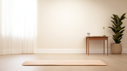Creative workspace design. Serene yoga workspace with mat beside desk and plant