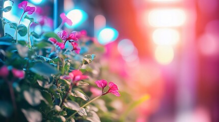 Vibrant pink flowers and green leaves under a soft bokeh light background