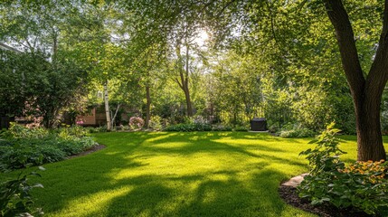 Obraz premium A lush backyard with trees reflecting sunlight through their leaves.