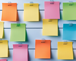 Creative workspace design. Colorful sticky notes arranged on wall create vibrant workspace atmosphere